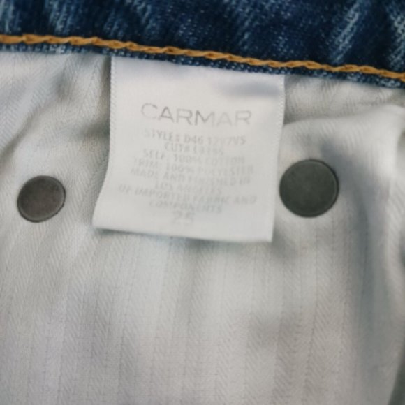 Carmar Denim Mini Skirt Size 25 -W24" Los Angeles Medium Wash Jean Raw Hem Blue - Picture 8 of 9